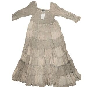 Young Threads Latte Crinkle Tiered Maxi Dress Smocked Patchwork Large NWT